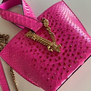 Pink Versace Virtus Bucket Bag. Python snake skin leather.